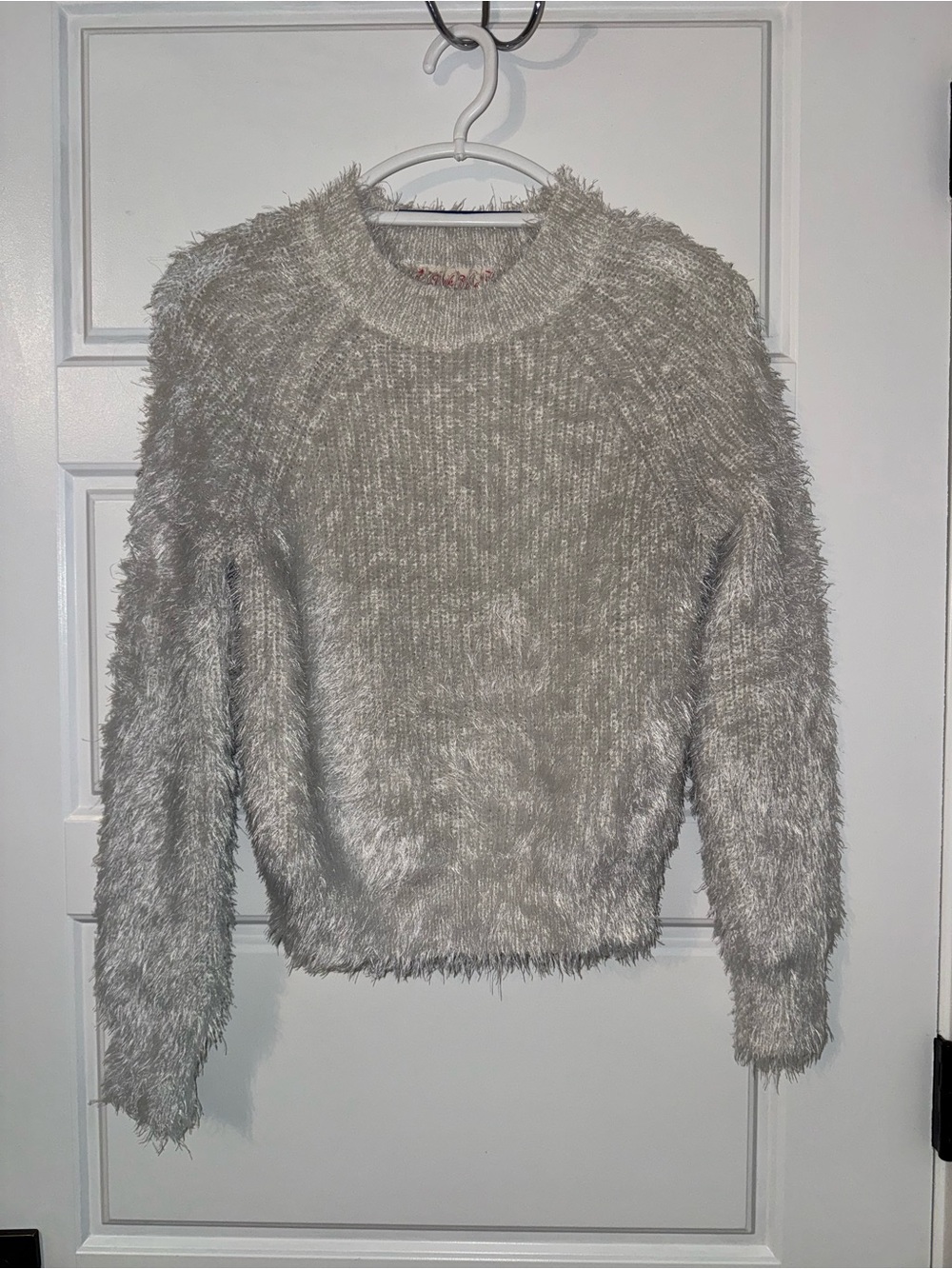 Pink Rose Shaggy Crewneck Sweater in Light Gray